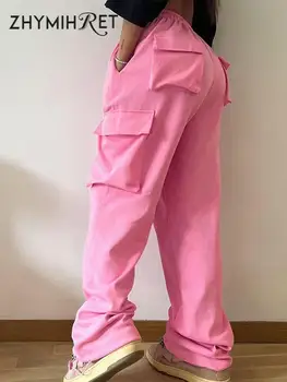 ZHYMIHR Розовые брюки-карго с высокой талией Y2k Женщины с карманами Хип-хоп мешковатые брюки 2023 Осень Повседневные спортивные штаны Брюки на шнурке