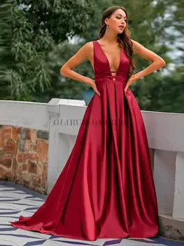 сексуальное красное новогоднее платье для вечеринок зимние вечерние платья с V-образным вырезом атласные выпускные платья длинное элегантное вечернее платье Robe de Soiree