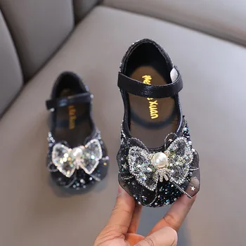 Кожаная обувь для девочек Новый яркий горный хрусталь Бант Принцесса Обувь Мода Детские Танцы Вечеринка Свадьба Выступление Обувь