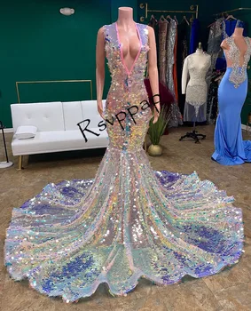 Slinky Mermaid Длинные выпускные платья 2023 года для чернокожих девушек Роскошные блестящие V-образные женские платья без рукавов с пайетками