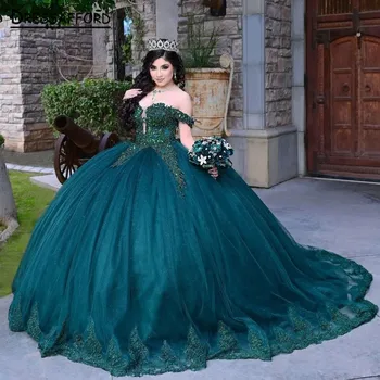 Роскошные изумрудно-зеленые кружевные платья Quinceanera Бальное платье 2023 с бисером Платье на день рождения Vestido de 15 Anos