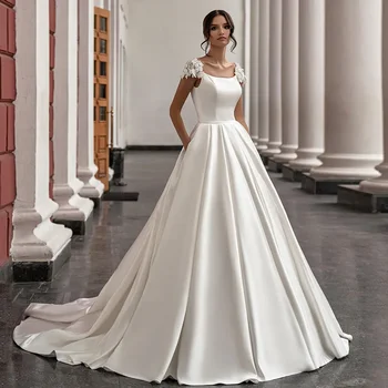 Великолепное белое атласное свадебное платье A-силуэта с потайной аппликацией на плечах драпированный карман свадебное платье до пола vestidos de novia