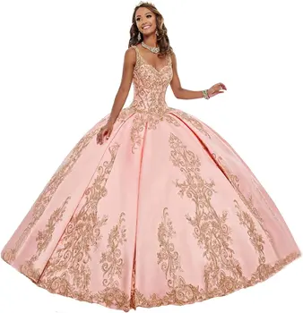 Роскошные розовые красные пышные платья quinceanera кружевные бретели аппликации бусины атлас сладкий 16 носить vestido de 15 anos ball выпускные платья