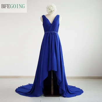 Синий шифон бисероплетение высокие / низкие свадебные платья часовня шлейф V-образный вырез без рукавов в пол А-силуэт свадебные платья