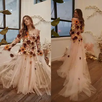 14666#VAN Богемное свадебное платье Ручная вышивка Ботаническое цветочное платье Романтическое свадебное платье с открытыми плечами Уникальное свадебное платье