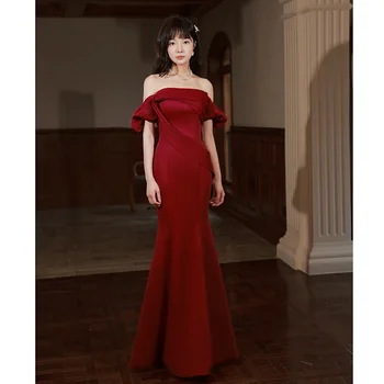 бордовый вечернее платье с открытыми плечами элегантный без бретелек длина до пола тонкая русалка платье женщины формальные платья для вечеринок