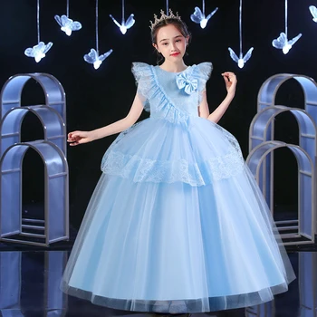 Элегантное вышитое платье принцессы для девочек 4-12 лет Кружевное платье с бантом Длинное платье Свадебный банкет Ведущий Бал Выступление Платье
