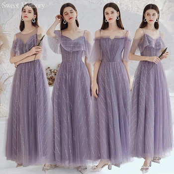 Sweet Memory S9126 Фиолетовые платья подружек невесты Длинная сетчатая сетка Сексуальное вечернее платье выпускного вечера для элегантной женской модной одежды