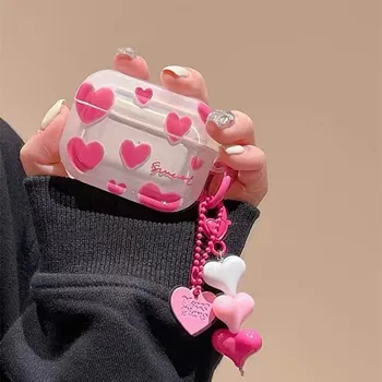 Розовое сердце + кулон для Apple AirPods 1 2 pro Bluetooth Чехол для наушников 3-го поколения Силиконовый мягкий чехол Защитный чехол