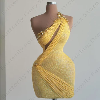 2024 Золотисто-желтые женские коктейльные платья для вечеринок на одно плечо облегающие блестящие мини-выпускные платья из бисера Саудовская Аравия Дубай Вечер De