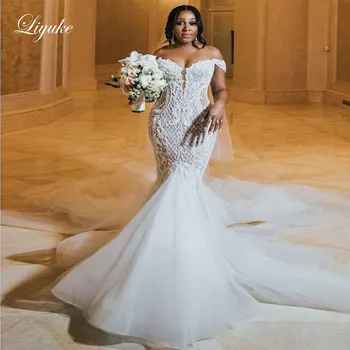 Liyuke Великолепная сетка Нежное свадебное платье русалки с вырезом в виде сердца с открытыми плечами vestido de noiva
