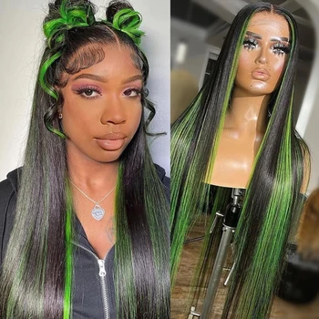 Цветной прямой кружевной фронтальный парик 13x6 13x4 HD Ombre Highlight Зеленый парик из натуральных волос Длинные прямые Полный кружевной передний парик для Wome