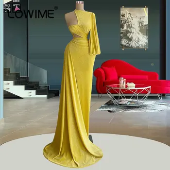 Желтый Вечерние платья на одно плечо Арабская пышная ткань с длинным рукавом Сексуальные длинные платья для вечеринок с вырезом Женщина на свадьбу 2023 Robe Femme