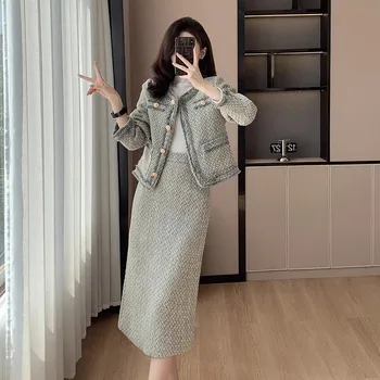Высококачественный осенне-зимний французский винтажный твидовый комплект из двух частей для женщин шикарный пиджак пальто + длинные комплекты юбок кисточки 2 шт. костюмы