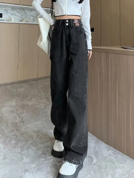 QWEEK Теплые повседневные джинсы с высокой талией Женские корейские Dongdaemun 2023 Зимние свободные винтажные матовые брюки Толстые прямые широкие брюки