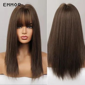 Emmor Синтетический натуральный коричневый парик с челкой Длинные прямые волосы Парики для женщин Прическа Термостойкий косплей Лолита Боб Парики