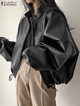 ZANZEA Повседневная свободная однотонная верхняя одежда Женские кожаные куртки из искусственной кожи Корейское пальто с откидным плечом 2024 Модная мотокуртка с длинным рукавом и молнией