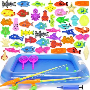 67 шт. Детский набор игрушек для рыбалки Играть в водную игру для ребенка Магнитная удочка с надувным бассейном Крытые водные игрушки для детей