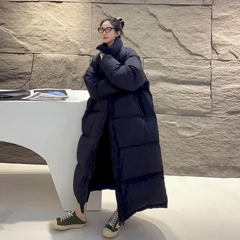 Стеганые пальто для женщин Воротник-стойка Утолщенные куртки длиной до щиколотки с хлопковой подкладкой Повседневная винтажная зимняя зимняя одежда с длинным рукавом