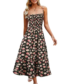 Женщины Платье-комбинация Спагетти Бретели Цветочное платье Качели Длинное летнее платье для ежедневной вечеринки