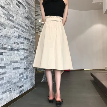 Женская юбка с высокой талией Средняя длина Длина до колена Модная пуговица Корейская версия Плиссированная школьная юбка на шнуровке 2023 Лето Осень