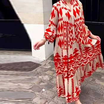 Y2K Женщины с длинным рукавом Воротник-стойка Однобортный принт Богемный отпуск Длинное платье Осень Элегантное свободное богемное платье