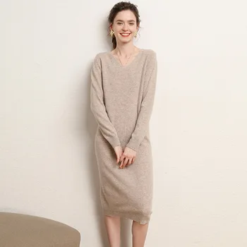 Осеннее платье длиной до колен из 100% шерсти Женщины Элегантная одежда модного дизайнера с V-образным вырезом с длинным вязаным пуловером Sleve