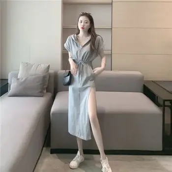 корейская версия платья с короткими рукавами и капюшоном для женского летнего нового стиля с поясом и длинной юбкой А-силуэта с разрезом