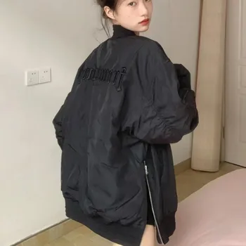 Deeptown Винтаж Черный Бомбер Куртка Женщины Готический Оверсайз Корейская Мода Уличная Уличная Одежда Японские Y2k Куртки Вышивка Повседневное пальто