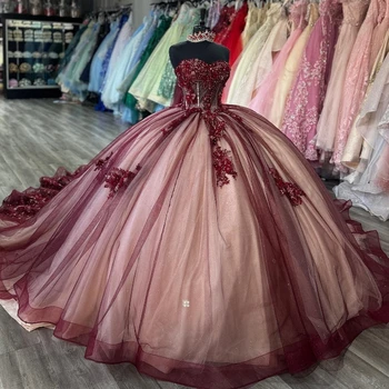 Красные блестящие платья Quinceanrea Sweetheart XV Аппликация Цветочные бусины Sweet 16 Princess Vestido De 15 Quinceañera 2024