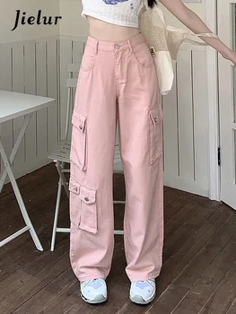 Jielur Розовый High Street Sweet Cargo Брюки в американском стиле с высокой талией Сексуальные свободные тонкие повседневные женские брюки Мода Женская уличная одежда
