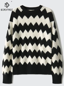 Birdtree 100% кашемировый пуловер с круглым вырезом Винтаж Волнистые полосы Томный мягкий удобный свитер для поездок на работу Осень-зима T3N250QD