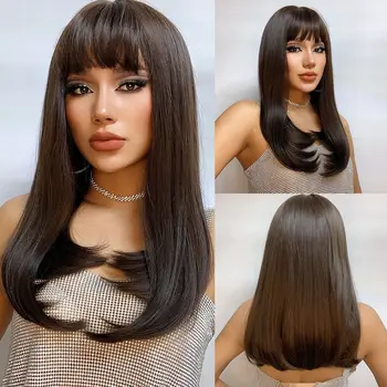 Длинные прямые синтетические парики Черно-коричневые парики с челкой Ежедневный косплей Термостойкий парик из натуральных волос для женщин