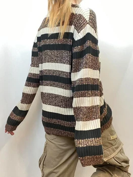 Женский винтажный полосатый свитер с принтом Повседневный оверсайз с длинным рукавом Круглый вырез Трикотажные пуловеры Джемпер Топ Уличная одежда