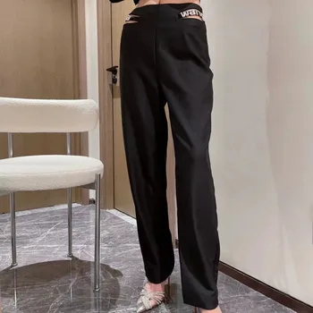 Буква Wang Сексуальная полая алмазная буква Wang Черные прямые укороченные брюки женские женские брюки