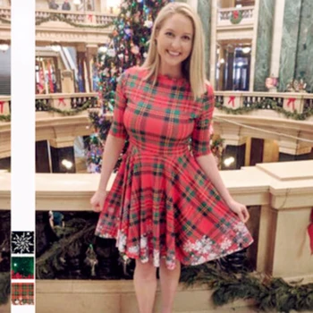 Рождественская одежда Рождественские элементы Женское платье Цифровая печать Женское приталенное платье со средним рукавом Всематчевая мода Платье средней длины
