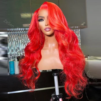  Бесклеевые синтетические кружевные передние парики Женщины Красное тело Волна Предварительно выщипанный косплей Парики для женщин Высококачественные термостойкие волосы