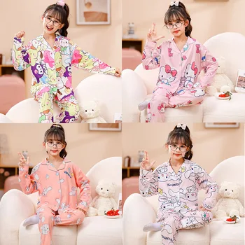 Kawaii Аниме Sanrioed Kuromi Cinnamoroll Детская хлопковая пижама Комплект Kt Girls С длинным рукавом Домашняя одежда Мультфильм Одежда для родителей и детей