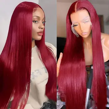 перуанский прямой кружевной парик спереди парик из натуральных волос 99J бордовый предварительно выщипанный 13x4 цветной кружевной передний парик из натуральных волос для женщин