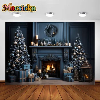 Рождественский темно-синий камин фон для фотографии венок подарочная коробка рождественская елка декор фон детский семейный портрет фотозвонок