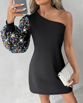 Элегантные вечерние платья для женщин Сексуальное контрастное повседневное платье на одно плечо с пайетками Новая мода 2023 Повседневная